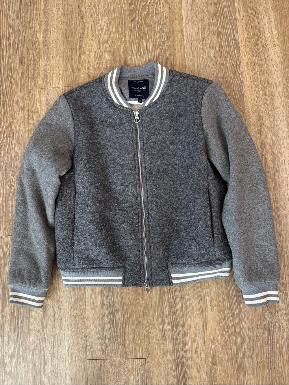 Madewell Gray Striped Ribbed Bomber Jacket